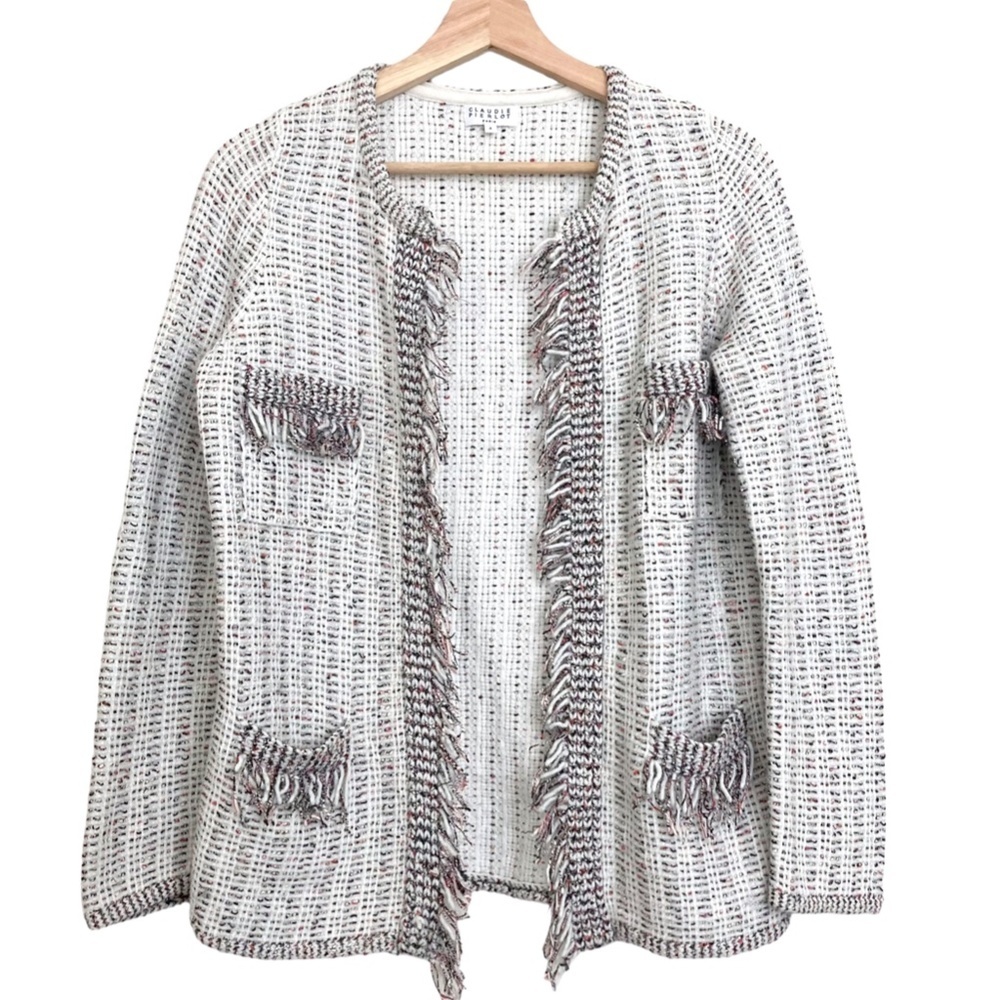 CLAUDIE PIERLOT PARIS Matina Off White Fringed Boucle Tweed Cardigan